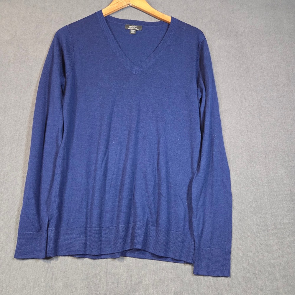 Lord Taylor V-Neck Sweater Womens M Blue Extra Fine Merino Wool Pullover